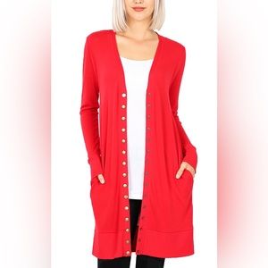Zenana Long Sleeves Knit Cardigan Snap Buttons Pockets Size Small True Red